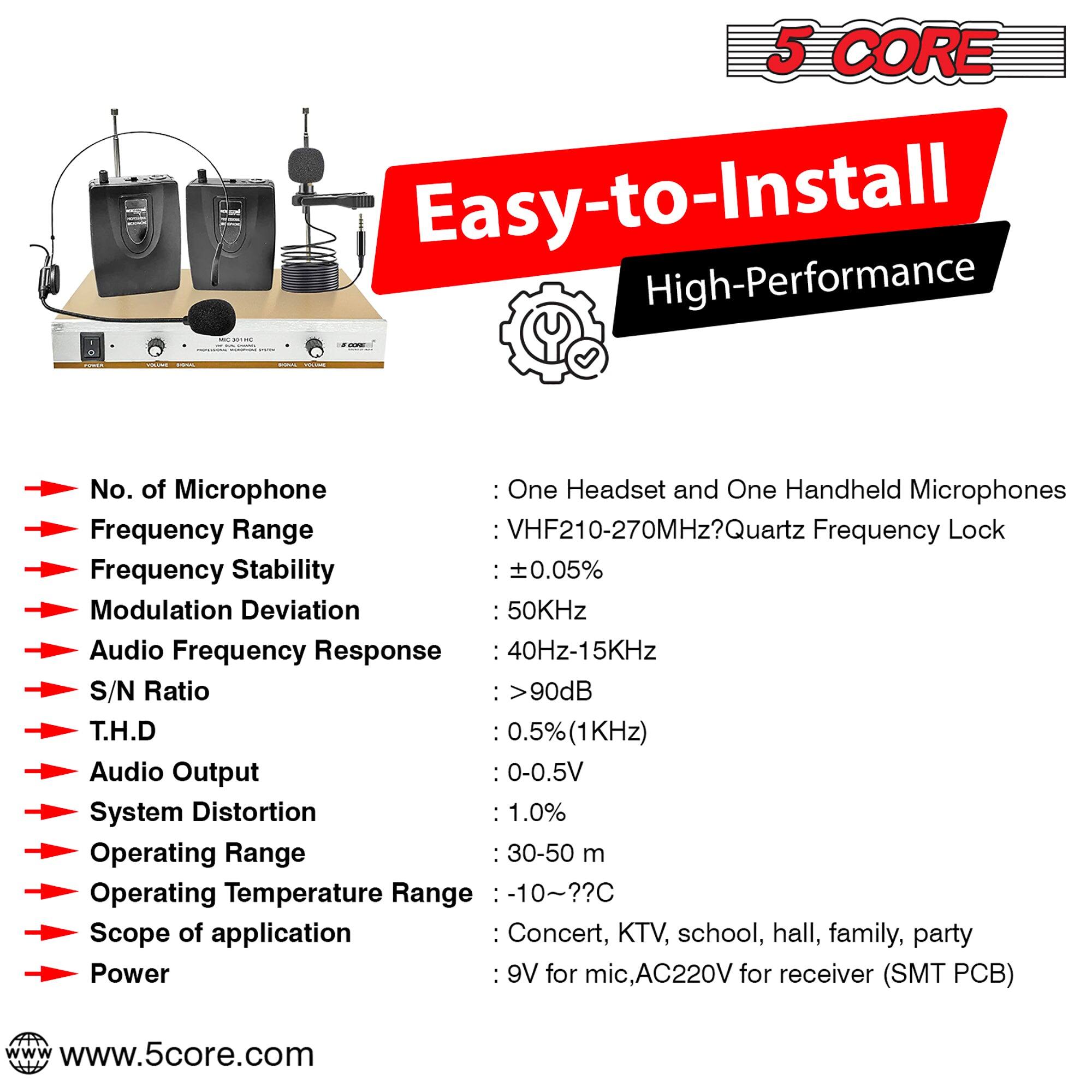 5 CORE Easy-to-Install High-Performance

No. of Microphone : One Headset and One Handheld Microphones
Frequency Range : VHF210-270MHz?Q Frequency Lock
Frequency Stability : ±0.05%
Modulation Deviation : 50KHz
Audio Frequency Response : 40Hz-15KHz
S/N Ratio : >90dB
T.H.D : 0.5%
Audio Output : 0-0.5V
System Distortion : 1.0%
Operating Range : 30-50 m
Operating Temperature Range : -10-??C
Scope of application : Concert, KTV, school, hall, family, party
Power : 9V for mic, AC220V for receiver (SMT PCB)
www.5core.com