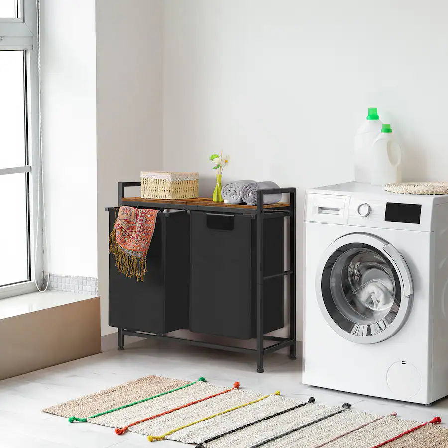 Obby Frame Oumilen 2 Compartment Laundry Hamper with Wood Top – Black Fabric ...