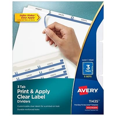 PROFIT Index Maker Easy Apply Label All Tabs at Once  
SALES COSTS SALES SALES COSTS COSTS COSTS  

Laser | Inkjet  
3 TABS  
5 SETS  

3 Tab Print & Apply Clear Label Dividers  
Customizable clear labels for a printed-on look  
Durable reinforced holes  

AVERY  
11435  
Free Easy-To-Use Avery*