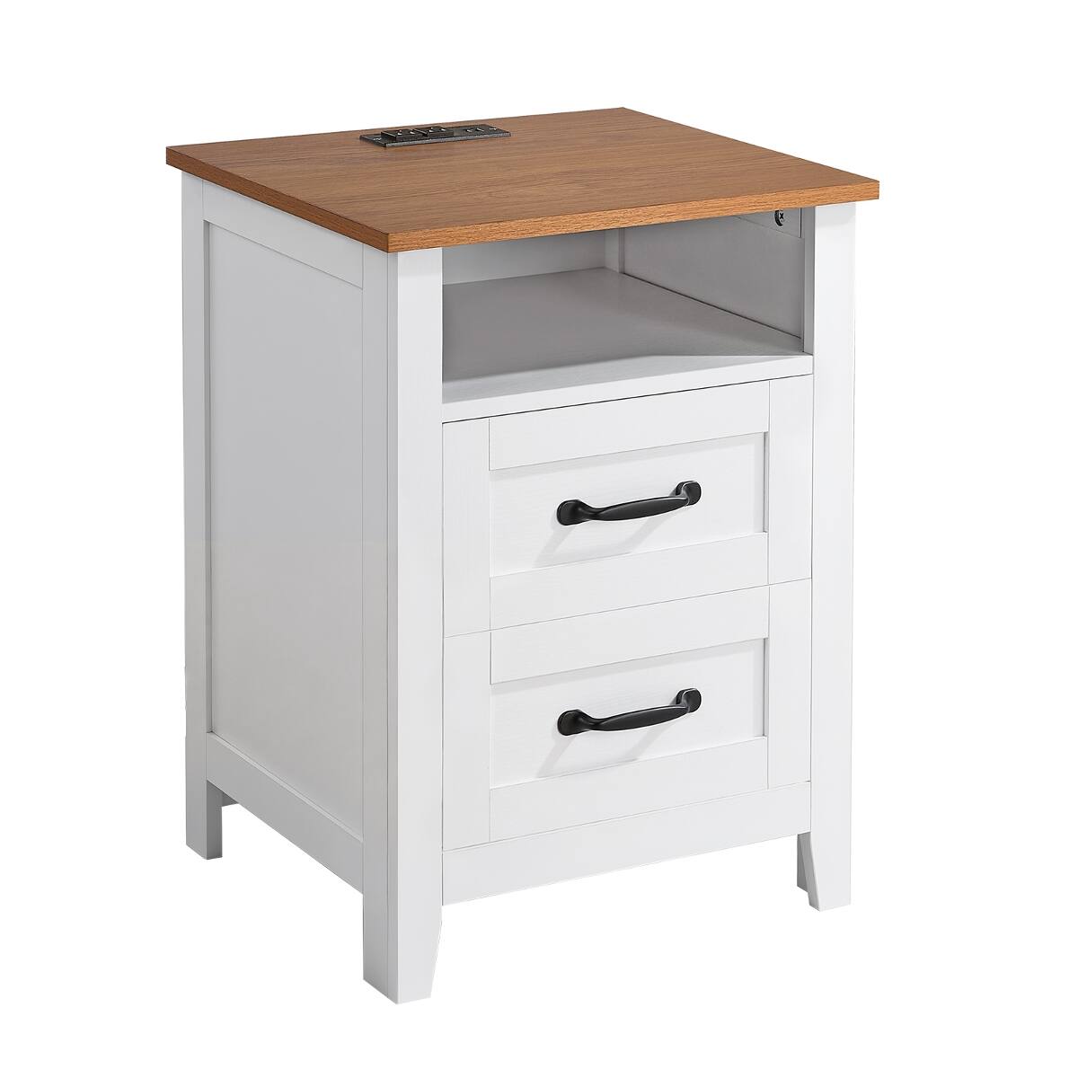 Alt View 8. Loheer - Loheer Farmhouse Nightstand with Charging Station, White, Two Drawers and Open Shelf - White.