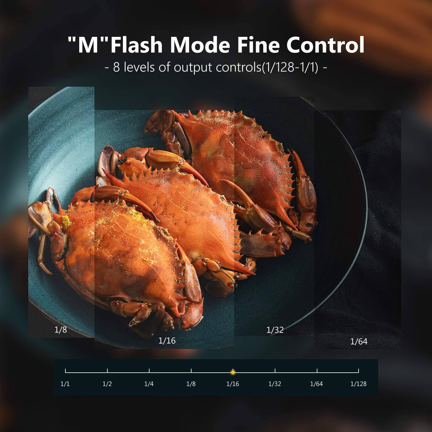 "M" Flash Mode Fine Control  
- 8 levels of output controls(1/128-1/1) -  
1/8 1/16 1/32 1/64 1/1 1/2 1/4 1/8 1/16 1/32 1/64 1/128