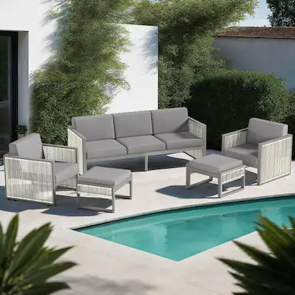 Front. Bestier - 5-Piece Metal Outdoor Patio Conversation Sectional Seating Set with Gray Cushions - Light Grey.