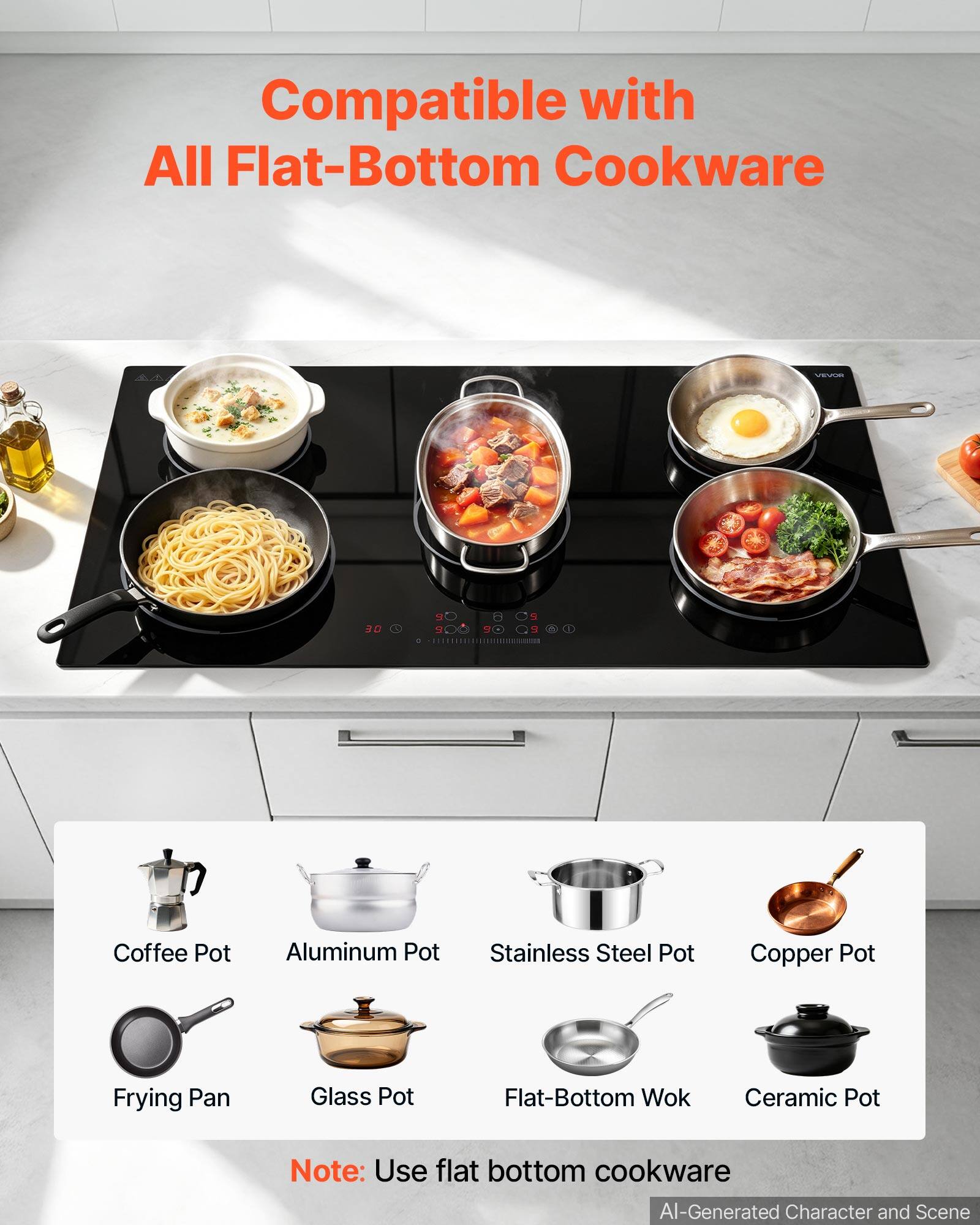 Compatible with All Flat-Bottom Cookware

VEVOR

Coffee Pot
Aluminum Pot
Stainless Steel Pot
Copper Pot
Frying Pan
Glass Pot
Flat-Bottom Wok
Ceramic Pot

Note: Use flat bottom cookware

AI-Generated Character and Scene