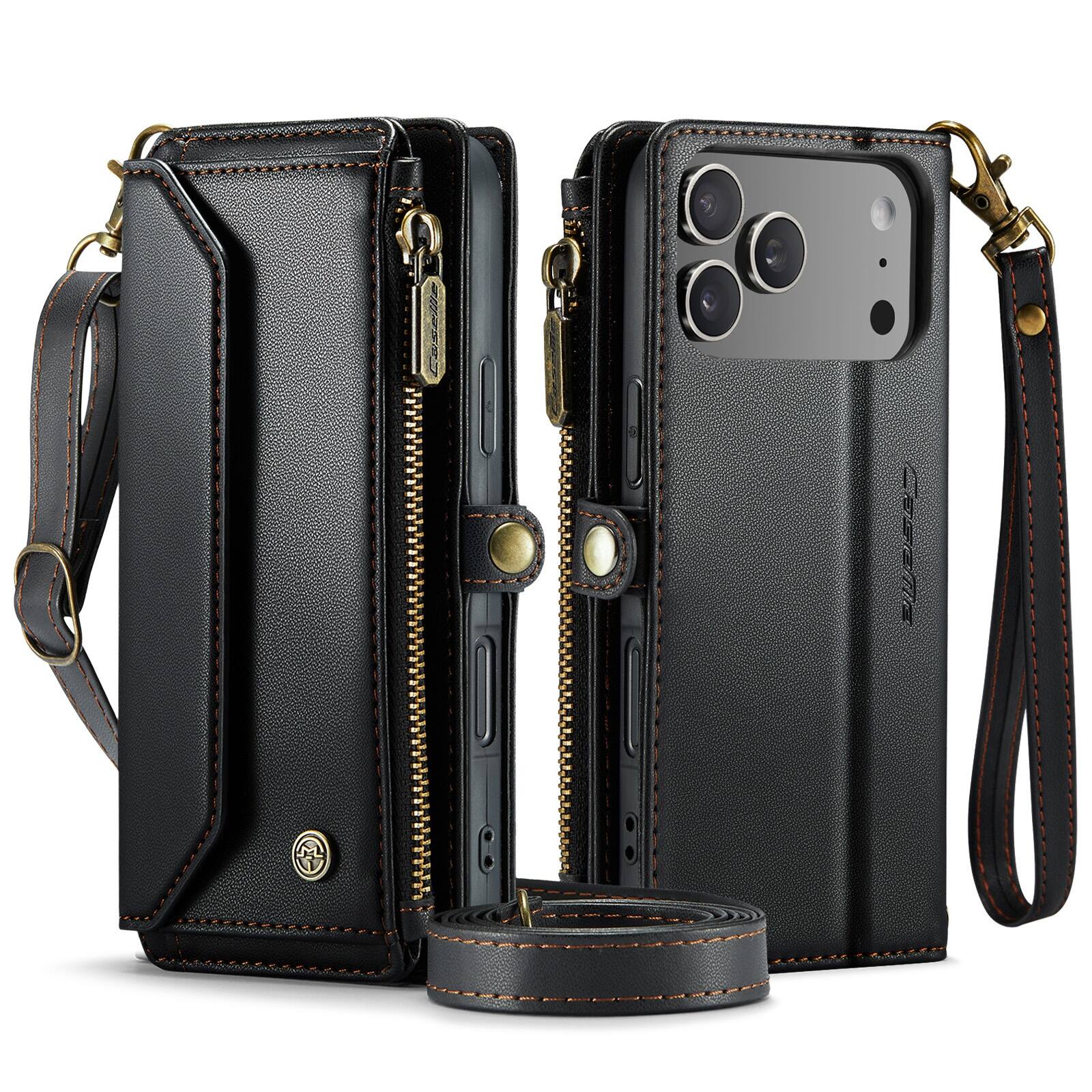 Angle. UUCOVER - Magnetic Zipper Wallet Case for iPhone 17 Pro Leather Card Slots RFID Blocking Stand Cover with Shoulder/Wrist Strap - Black.