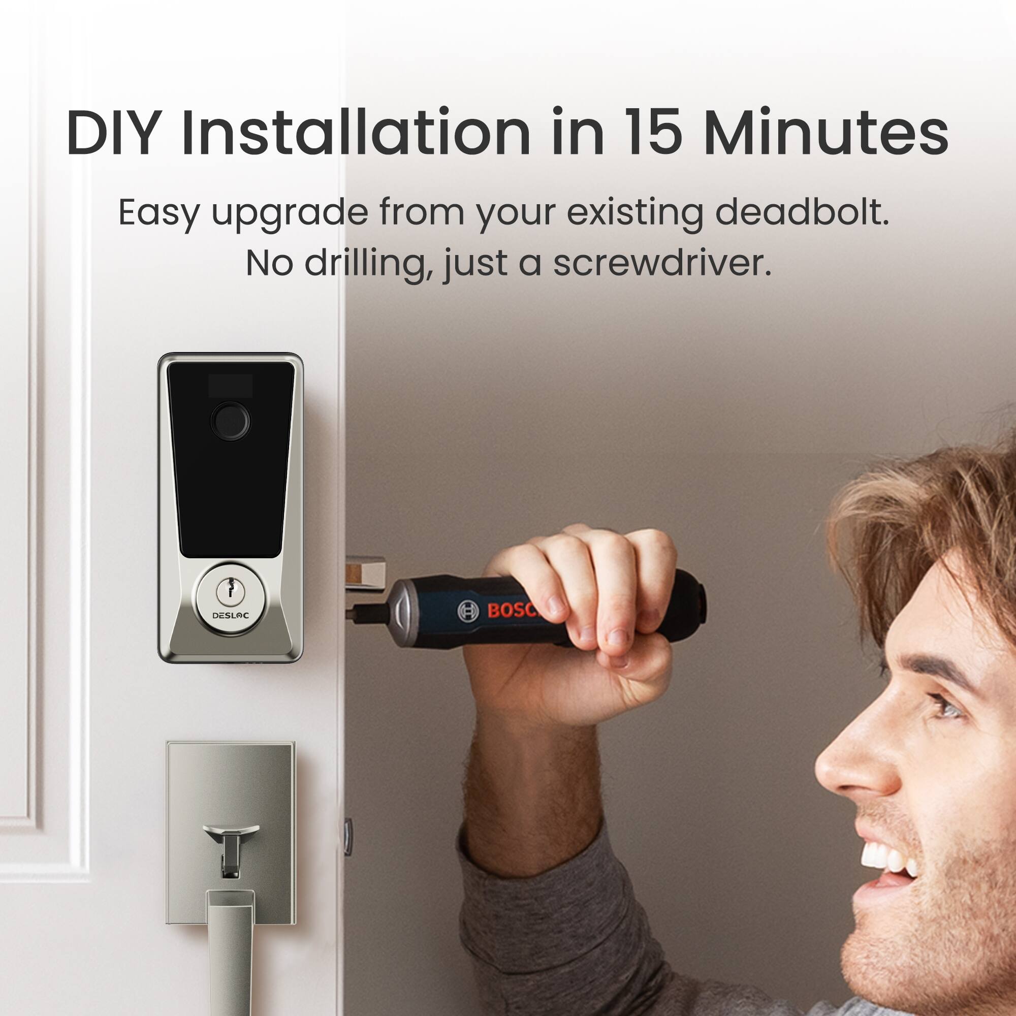 DIY Installation in 15 Minutes

Easy upgrade from your existing deadbolt. No drilling, just a screwdriver.

DESLAC BOSC