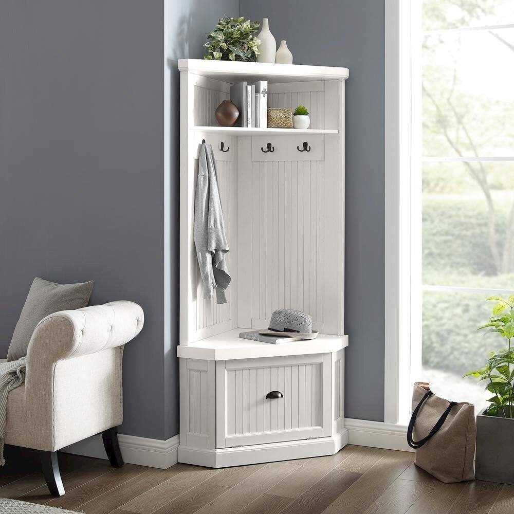 Alt View 4. FurniFact - Distressed White Hall Tree with Anti-Tip Hardware and Storage Space - White.