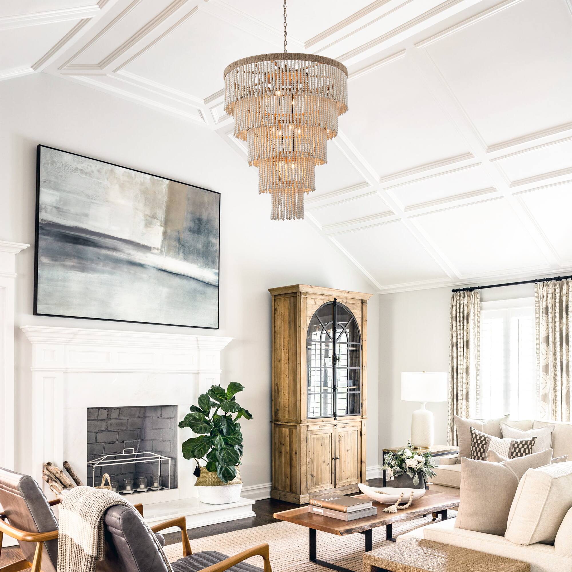 Left. Parrot Uncle - 31.5" 9-Light Bohemian Off-White 5-Tier Wooden Beads Chandelier - Off-White.