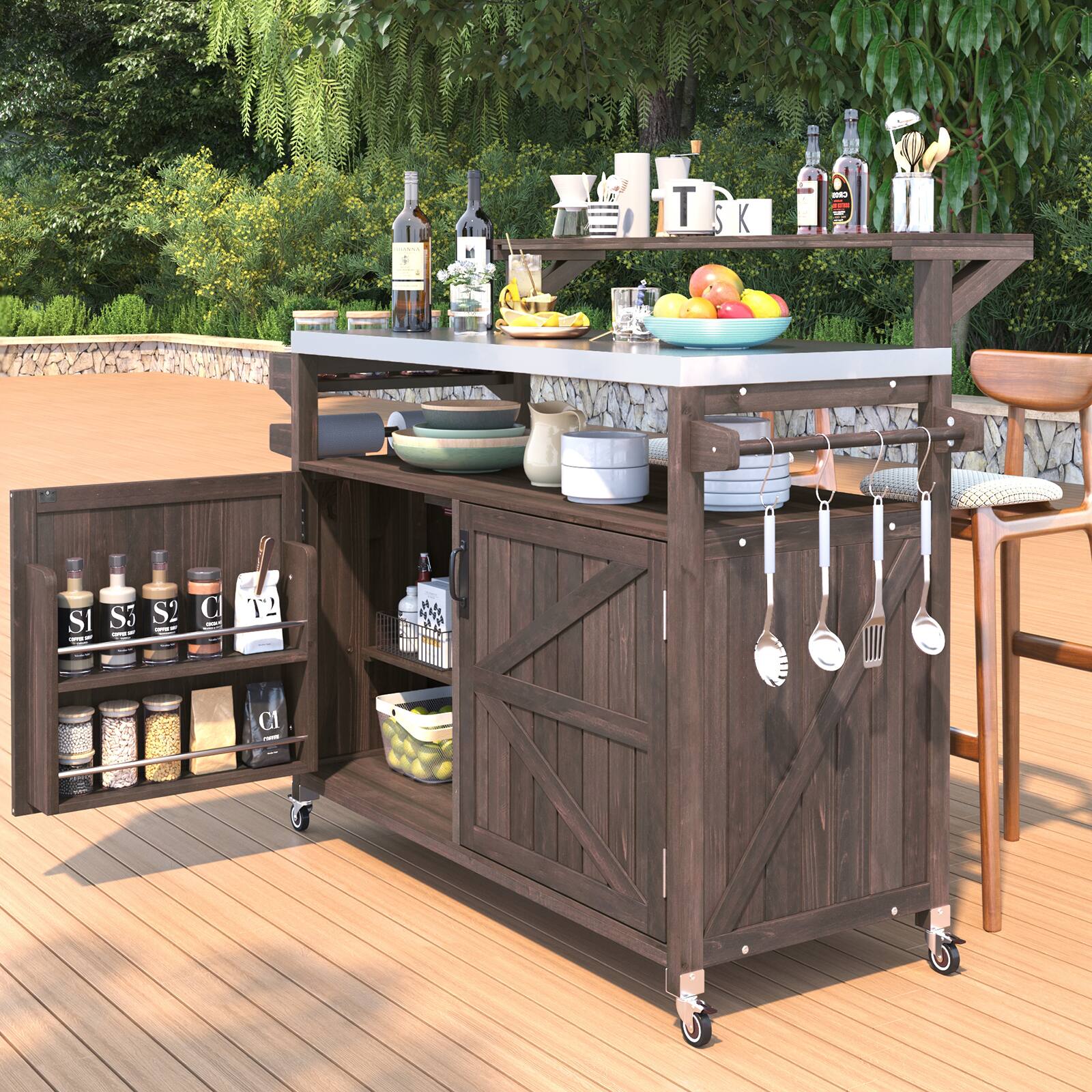 Alt View 9. Chateau Abodes - 53.3" Outdoor Kitchen Island with Raised Shelf, Solid Wood Cabinet & Stainless Steel Top, Adjustable Shelf, Spice Rack - Brown.