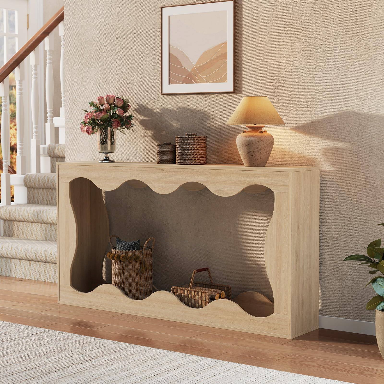 Alt View 2. Qeetex - 63" Farmhouse Console Table for Entryway, Behind Sofa, Hallway, Living Room, Scalloped Design - Natural.