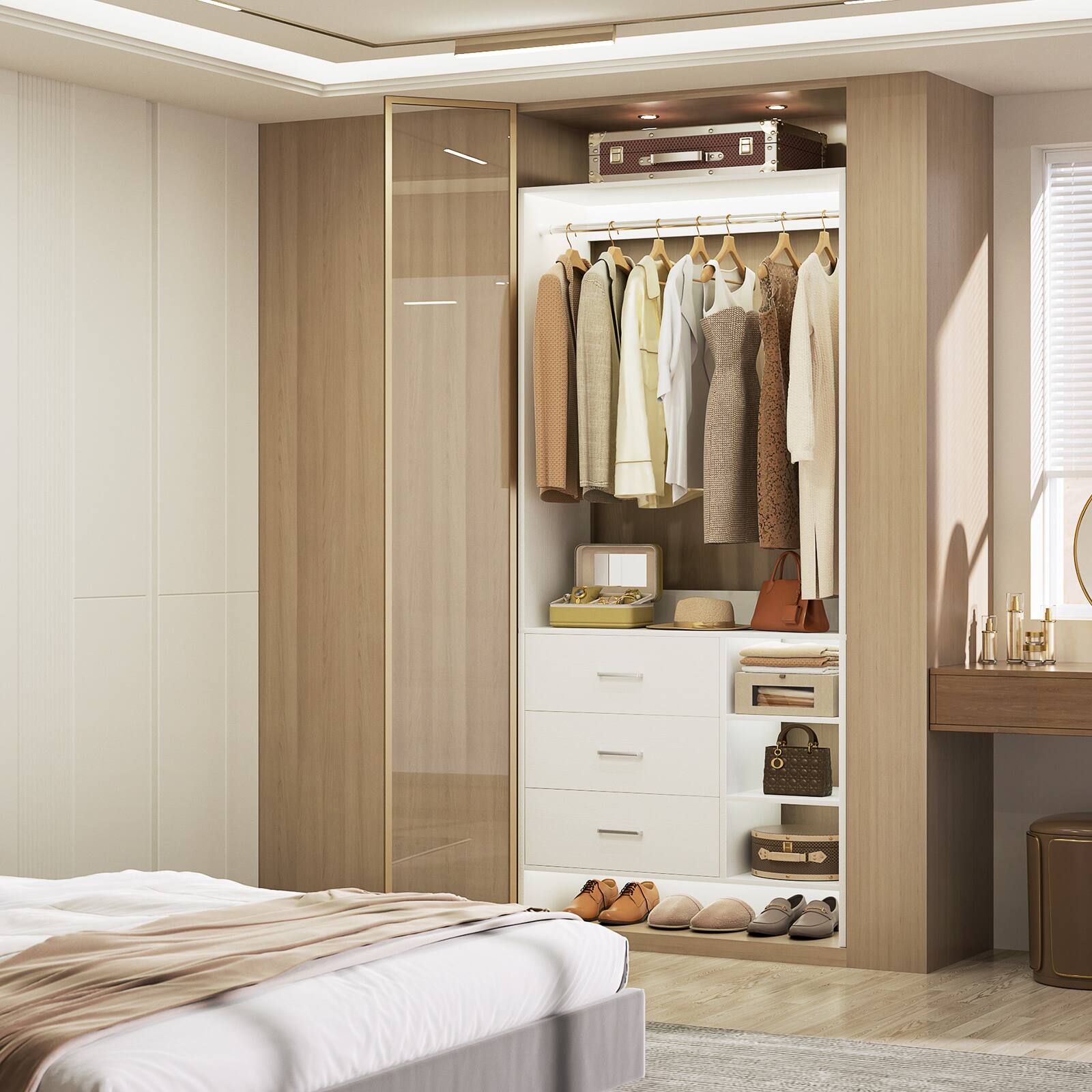 Alt View 4. Aheaplus - 2.5FT Closet System with 3 Drawers, 29.6'' Closet Organizer with Hanging Rod and Shelves - White.