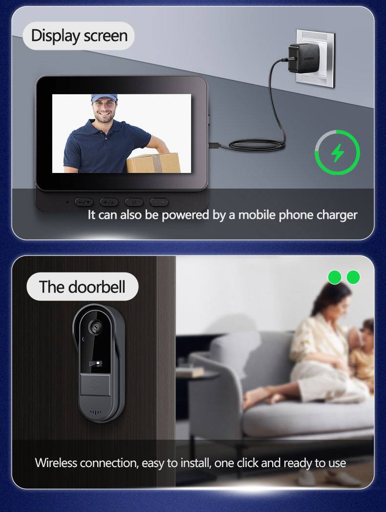 Display screen  
It can also be powered by a mobile phone charger  

The doorbell  
Wireless connection, easy to install, one click and ready to use