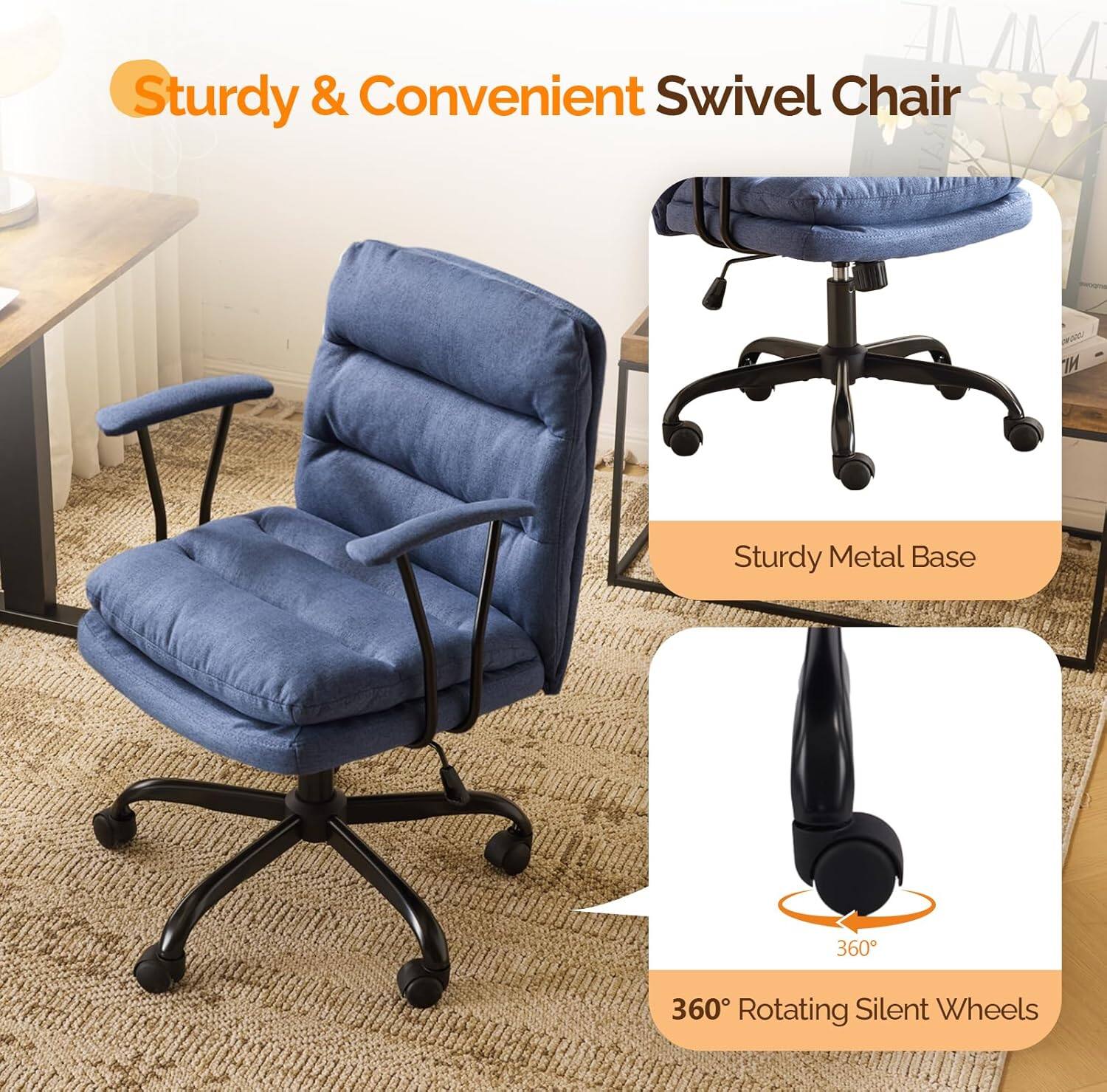 Sturdy & Convenient Swivel Chair  
Sturdy Metal Base  
360° Rotating Silent Wheels
