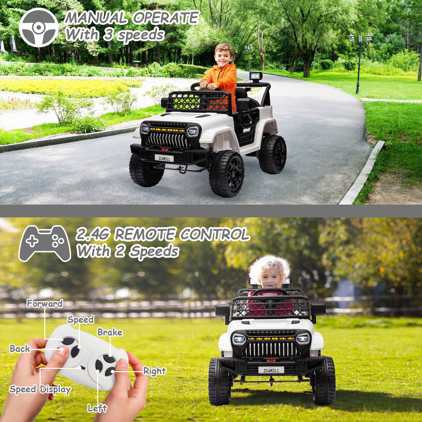 MANUAL OPERATE  
With 3 speeds

2.4G REMOTE CONTROL  
With 2 Speeds

Forward  
Speed  
Brake  
Back  
Speed Display  
Right  
Left