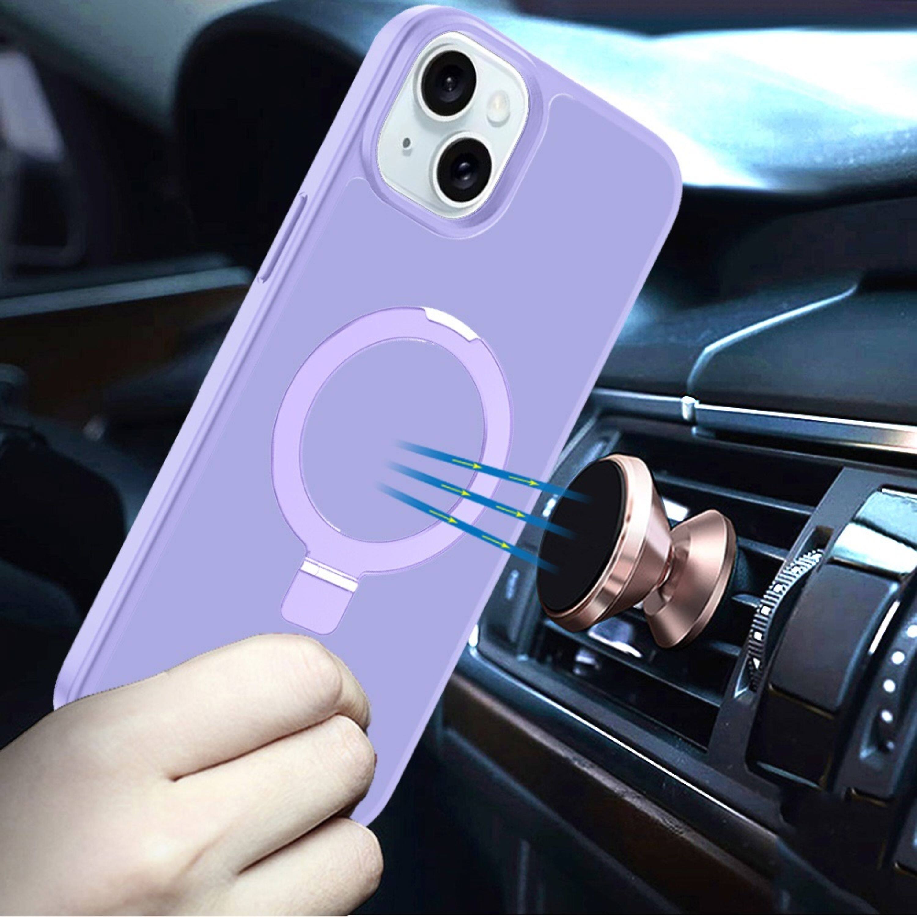 Angle. Kitcheniva - Metal Circle Ring Stand Rugged Cover With Tempered Glass For iPhone 13/14 Light Purple - Light Purple.