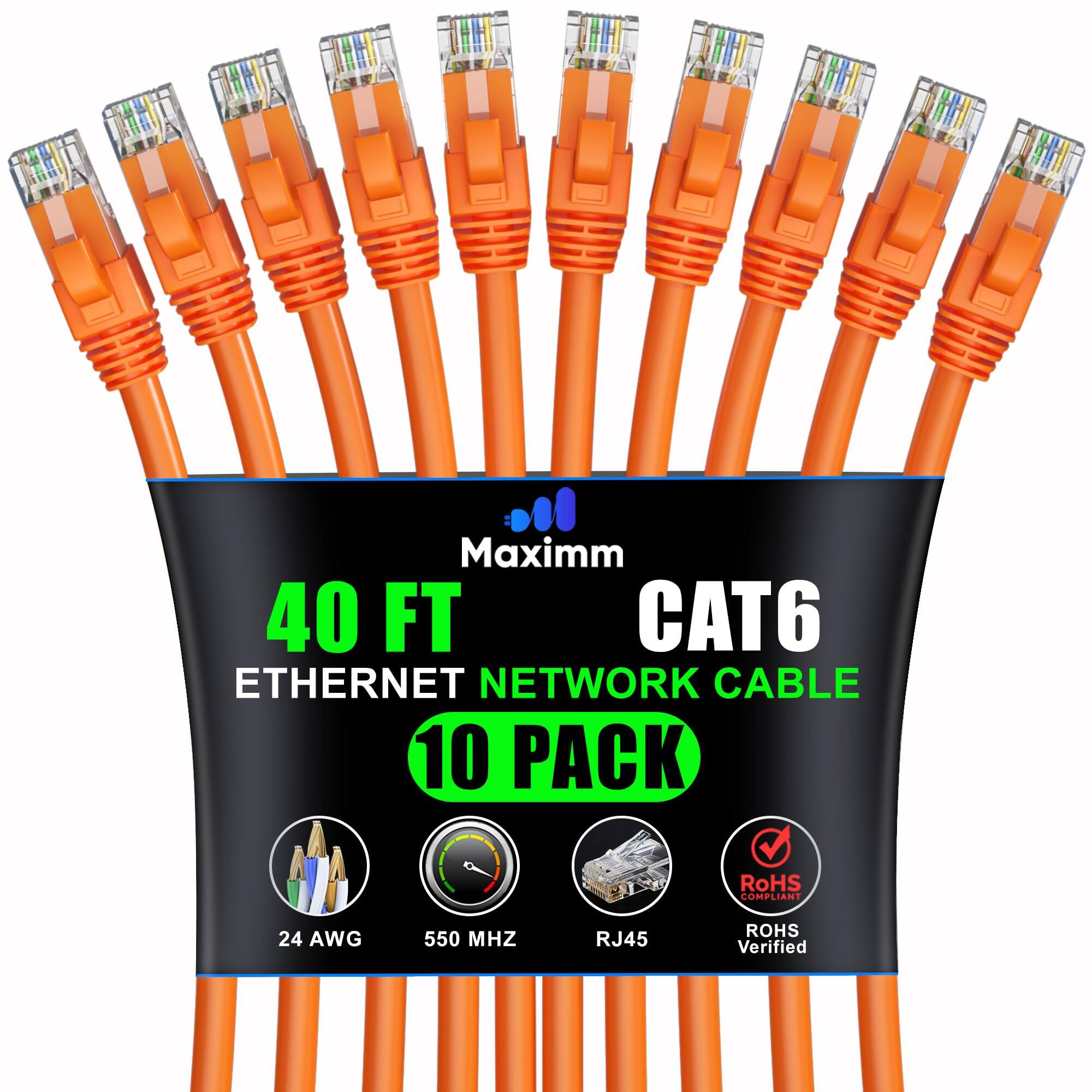 Maximm - Cat 6 Ethernet Cable 40 ft (10-Pack) - UTP, 10Gbps, 550MHz