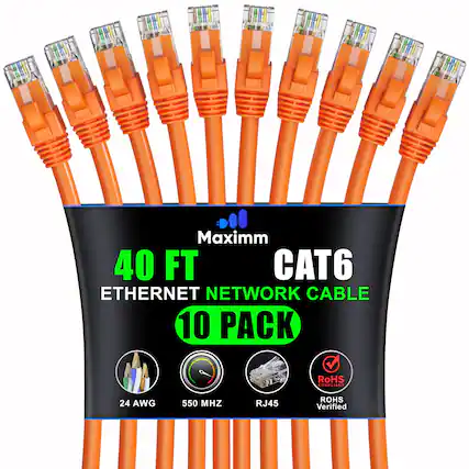 Maximm 40 FT CAT6 ETHERNET NETWORK CABLE 10 PACK RoHS COMPLIANT 24 AWG 550 MHZ RJ45 ROHS Verified