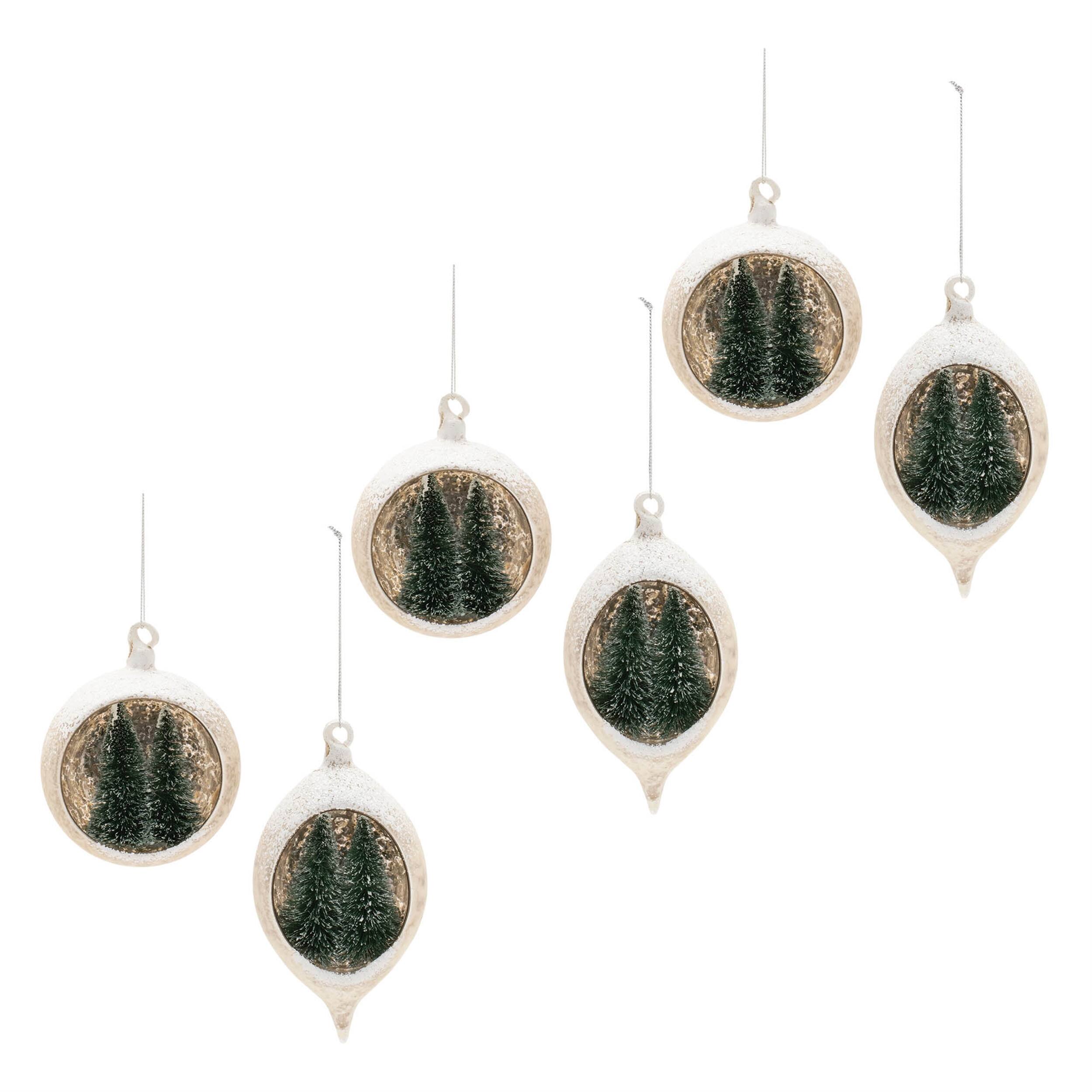 Alt View 2. BreeBe - Mercury Glass Ornament with Pine Trees (Set of 6) - White, Green.