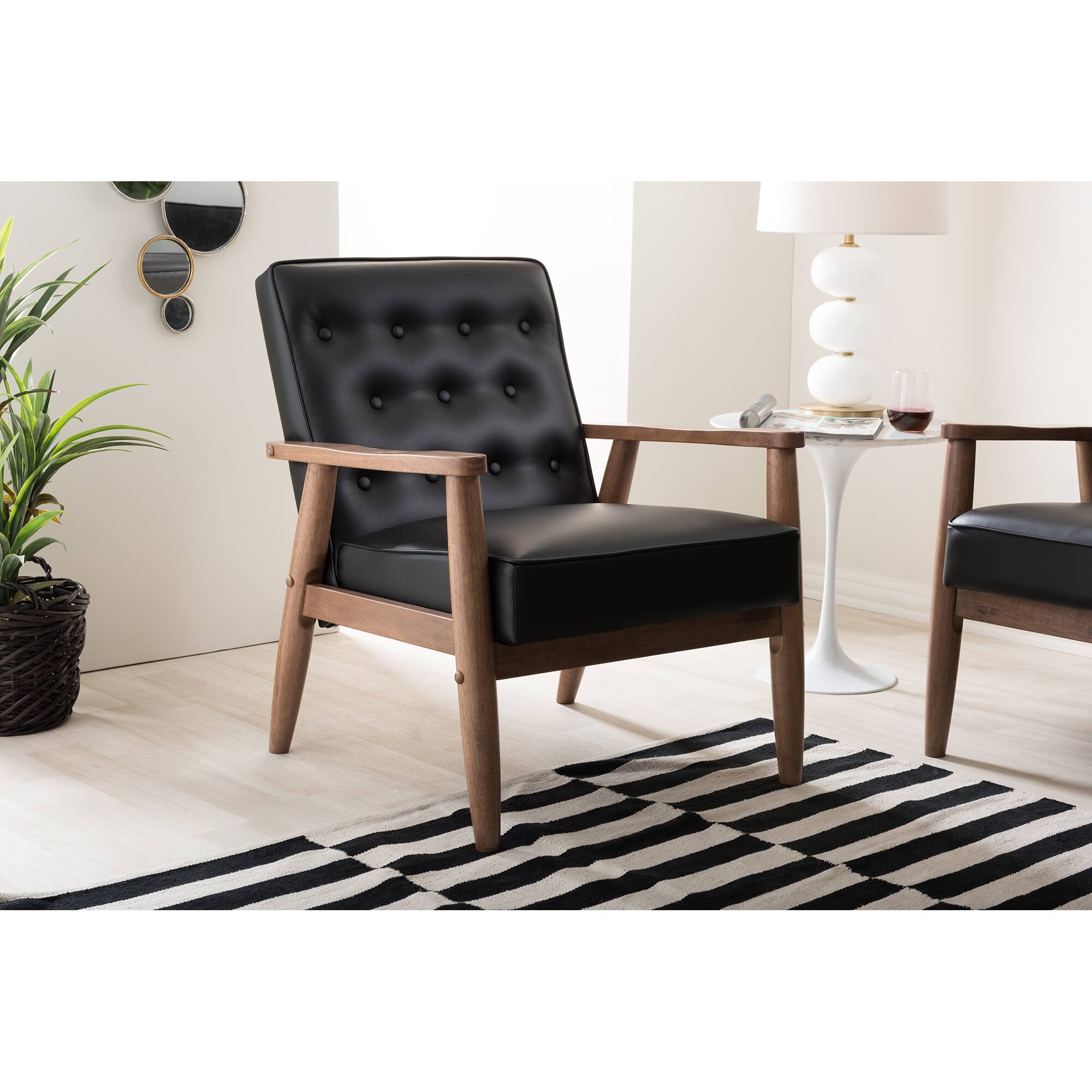Alt View 1. Baxton Studio - Sorrento Mid-century Retro Modern Faux Leather Upholstered Wooden Lounge Chair - Black.