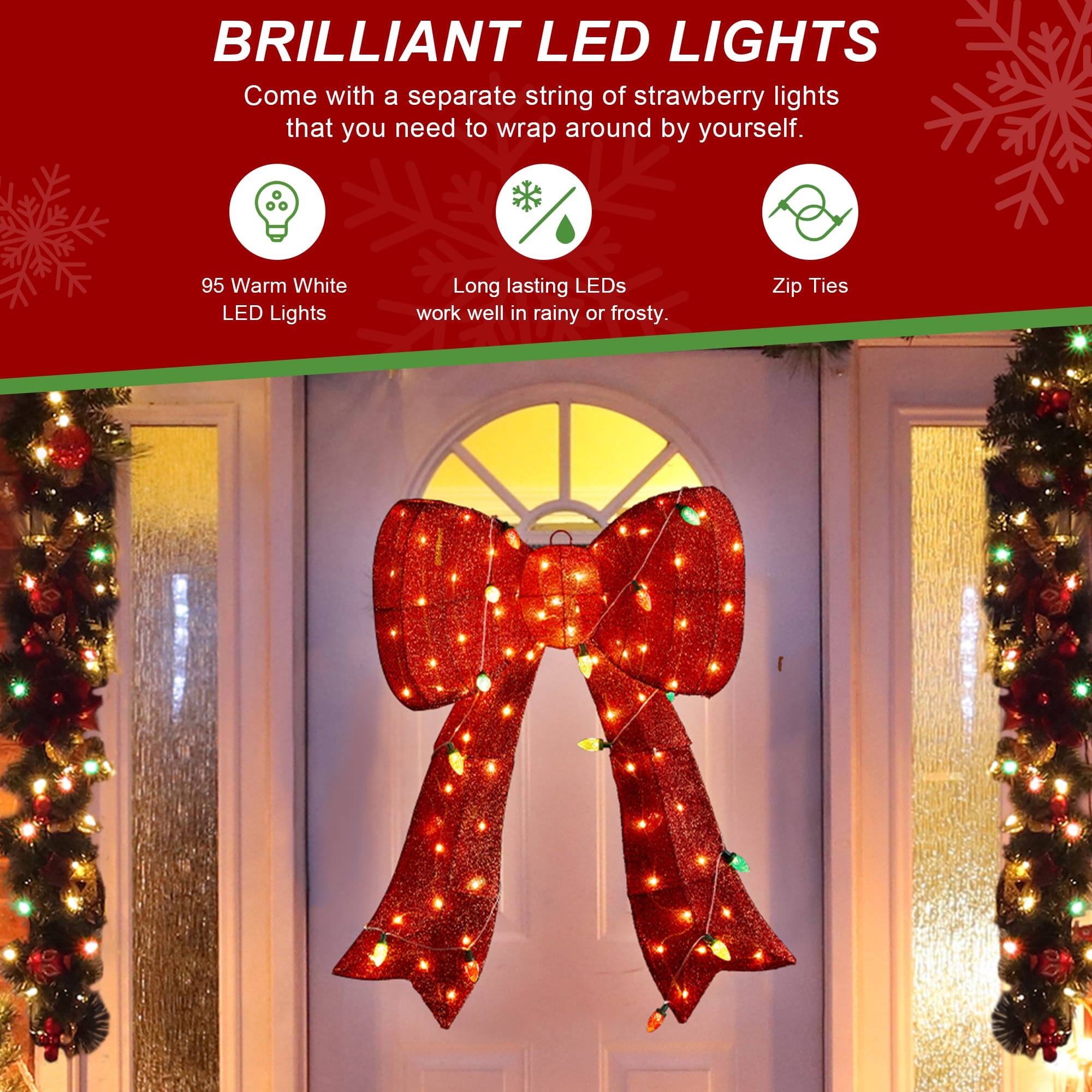 BRILLIANT LED LIGHTS  
Come with a separate string of strawberry lights that you need to wrap around by yourself.  
95 Warm White LED Lights  
Long lasting LEDs work well in rainy or frosty.  
Zip Ties