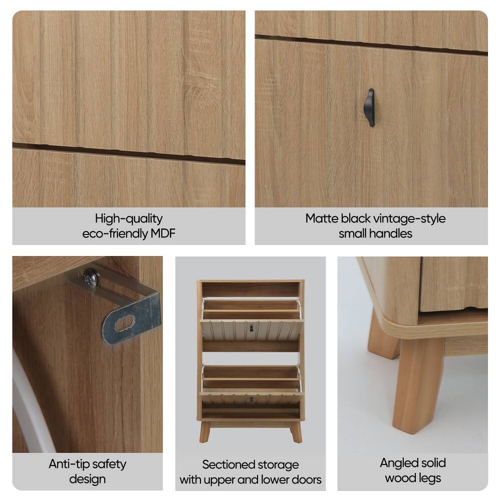 High-quality eco-friendly MDF  
Matte black vintage-style small handles  
Anti-tip safety design  
Sectioned storage with upper and lower doors  
Angled solid wood legs
