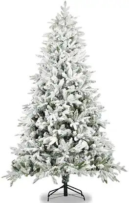 BreeBe - Snow Flocked Christmas Tree 7ft Artificial Hinged Pine Tree with Realistic Tips Unlit - White