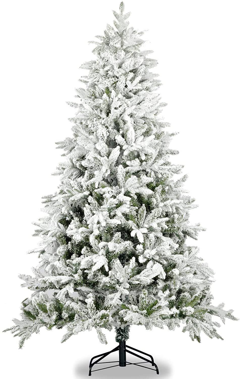 Front. BreeBe - Snow Flocked Christmas Tree 7ft Artificial Hinged Pine Tree with White Realistic Tips Unlit - White.