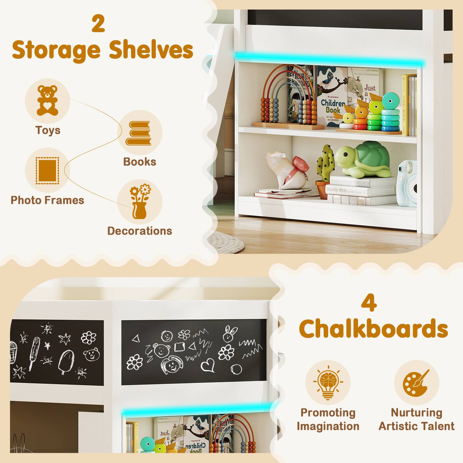 2 Storage Shelves - Toys, Books, Photo Frames, Decorations

4 Chalkboards - Promoting Imagination, Nurturing Artistic Talent