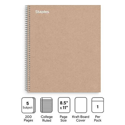 Staples  
5 Subject  
8.5" x 11"  
200 Pages  
College Ruled  
Page Size  
Kraft Board Cover  
Per Pack