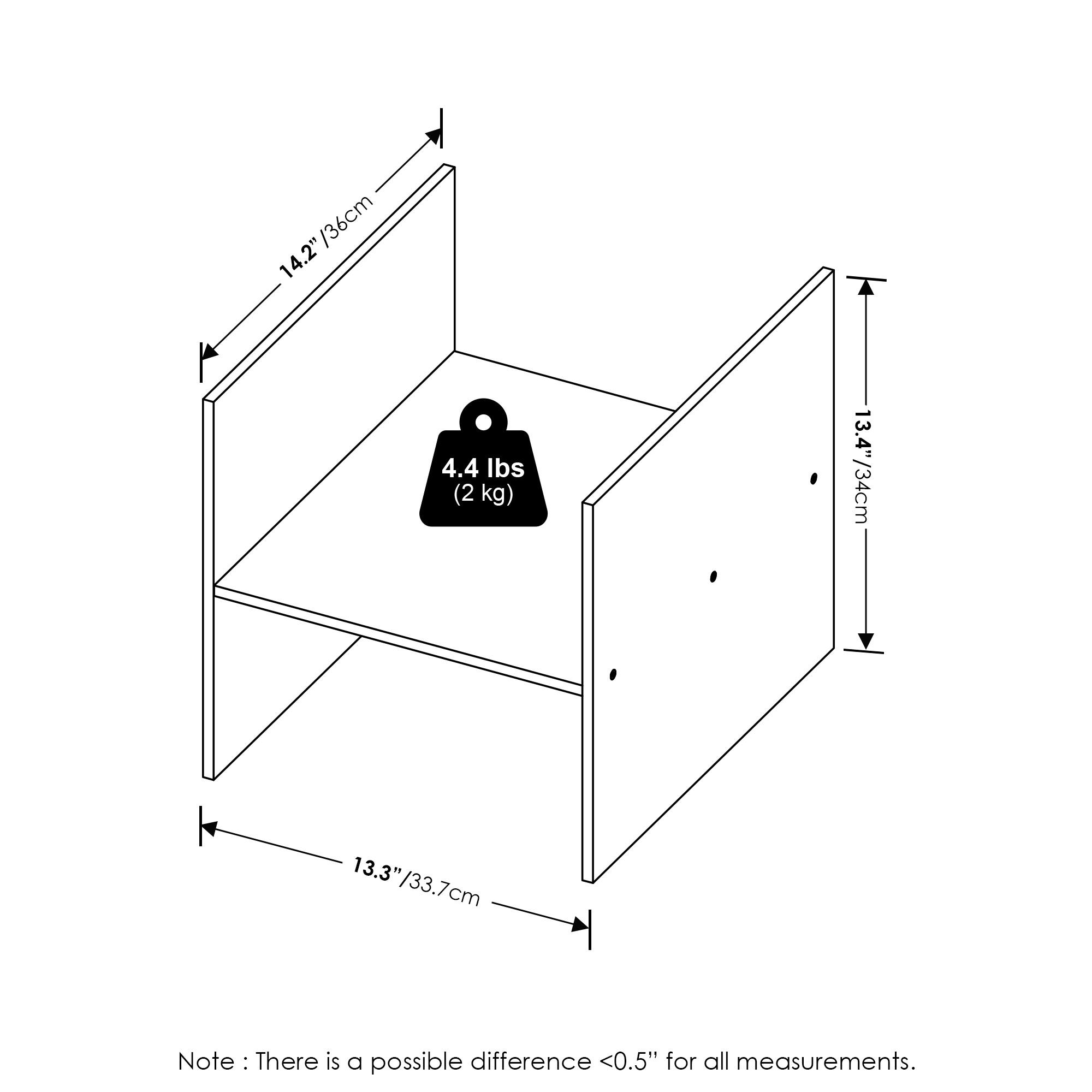 - Height: 14.2" / 36 cm
- Width: 13.4" / 34 cm
- Depth: 13.3" / 33.7 cm
- Weight: 4.4 lbs (2 kg)

Note: There is a possible difference <0.5" for all measurements.