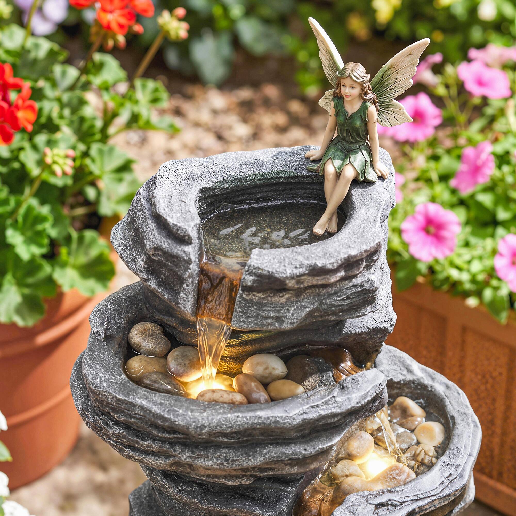 Alt View 7. Outsunny - Tall Outdoor Waterfall Fountain with LED Lights, 6-Tier Cascading Waterfall Feature - Gray.