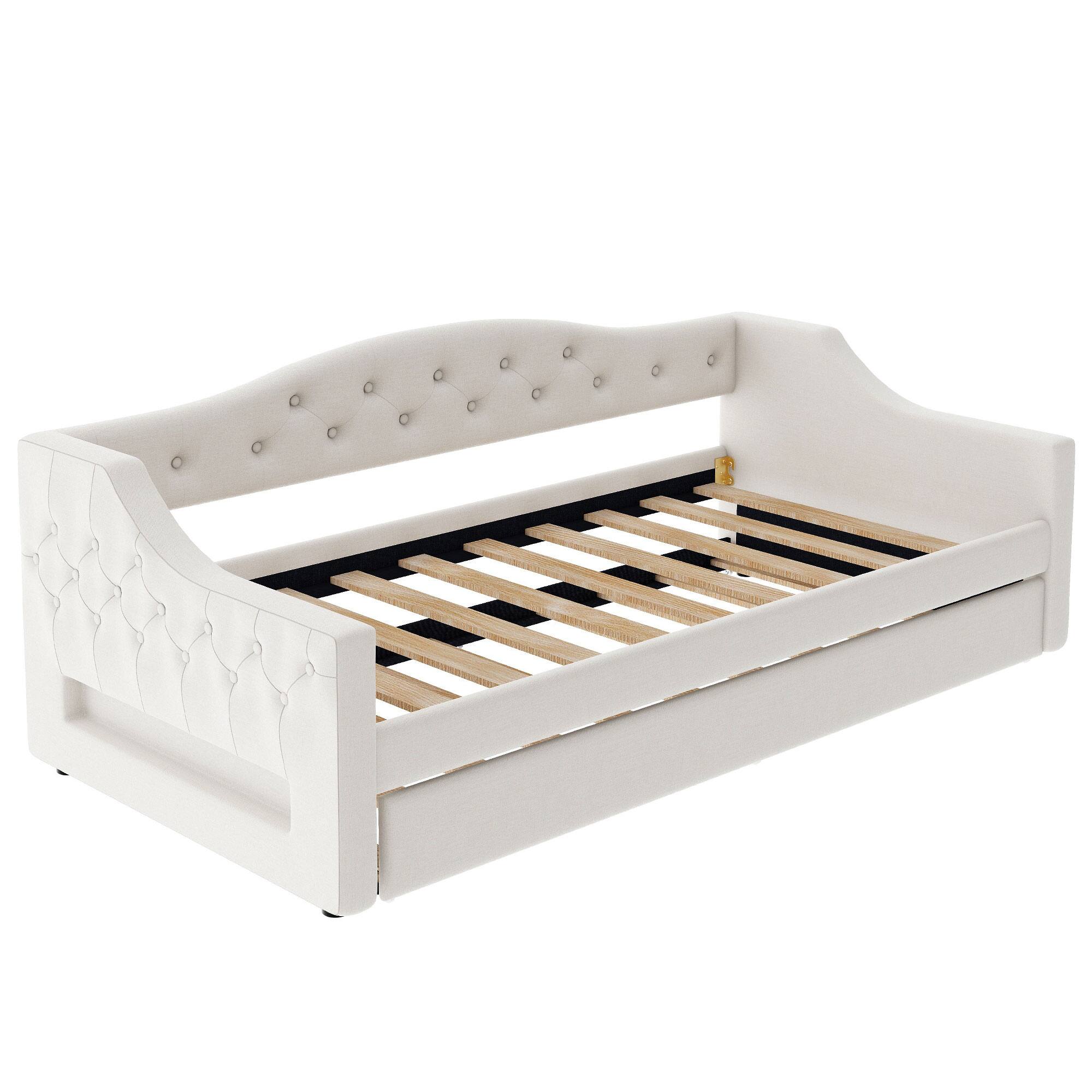 Left. Whisen - Twin XL Size Daybed with Trundle, Upholstered Bed Frame with LED Lights for Guest Bedroom & Living Room - Beige.