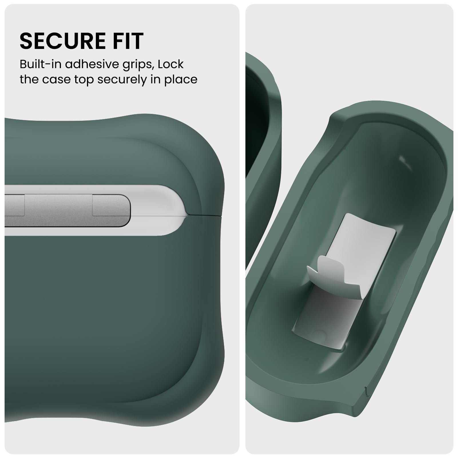 SECURE FIT  
Built-in adhesive grips, Lock the case top securely in place