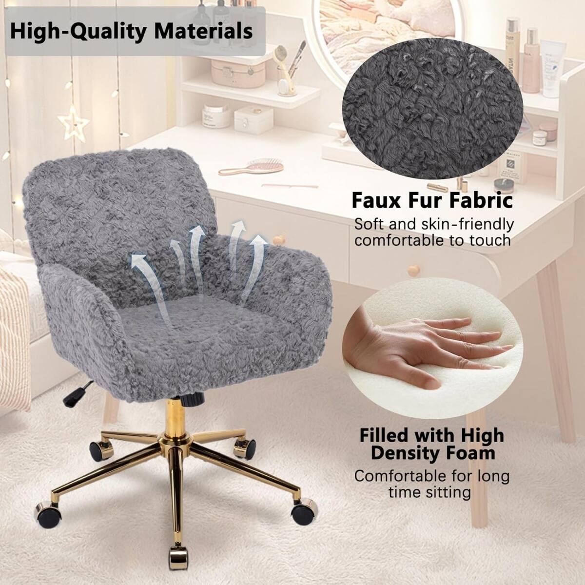 High-Quality Materials

Faux Fur Fabric
Soft and skin-friendly, comfortable to touch

Filled with High Density Foam
Comfortable for long time sitting