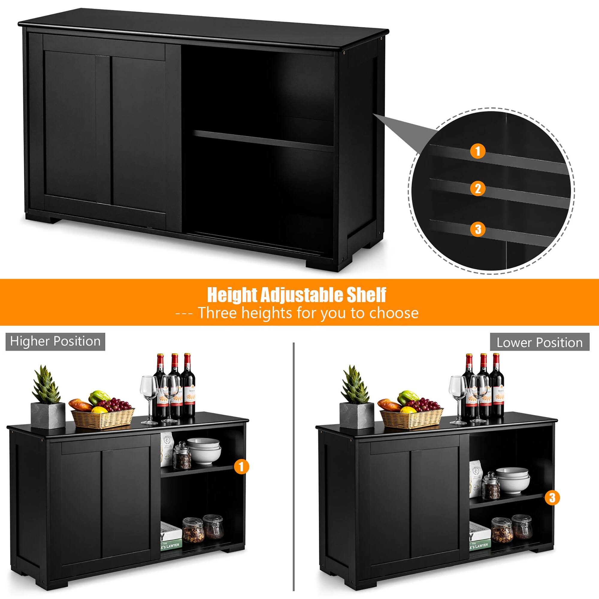 The image features a black cabinet with a height adjustable shelf. The shelf has three heights for you to choose from, with the higher position being the first option, followed by the middle position and finally the lower position. The cabinet is designed to accommodate various items, such as bottles, bowls, and fruits like bananas and apples. The image showcases the cabinet with the shelf in the higher position, displaying the items neatly arranged on it.