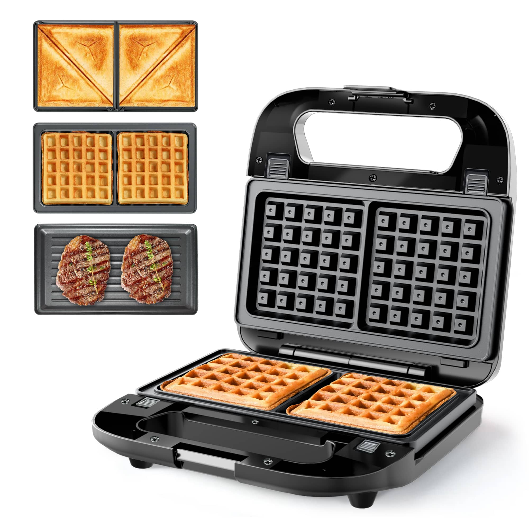 KEINVE - 3-in-1 Sandwich Maker, Panini Press & Waffle Iron - 750W Indoor & Outdoor Electric Grill with Removable Non-Stick Plates - Black