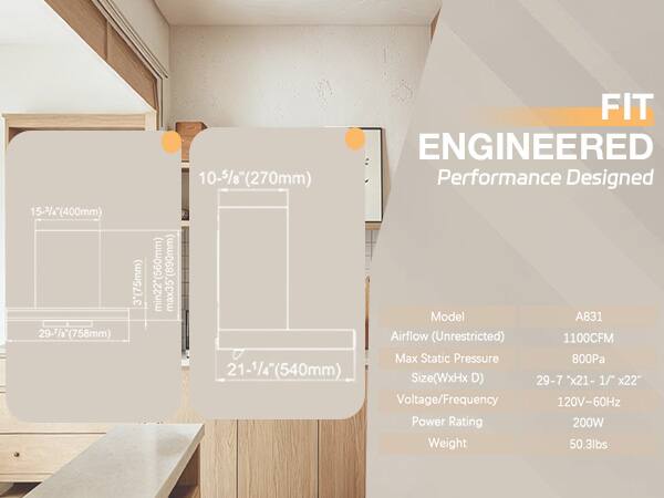 FIT ENGINEERED  
10-5/8" (270mm) Performance Designed  
15-3/4" (400mm)  
3' (75mm) min22* (560mm) max35" (890mm)  
Model A831  
29-7" (758mm) Airflow (Unrestricted)  
1100CFM  
Max Static Pressure 800Pa  
21-1/4" (540mm) Size (WxHx D) 29-7" x 21-1/4" x 22"  
Voltage/Frequency 120V~60Hz  
Power Rating 200W  
Weight 50.3lbs