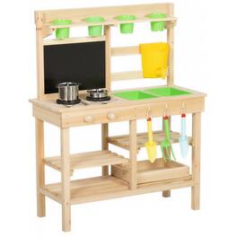 Qaba - Mud Kitchen, Outdoor Wooden Play Kitchen with Kitchenware & Garden Tools - Natural Wood