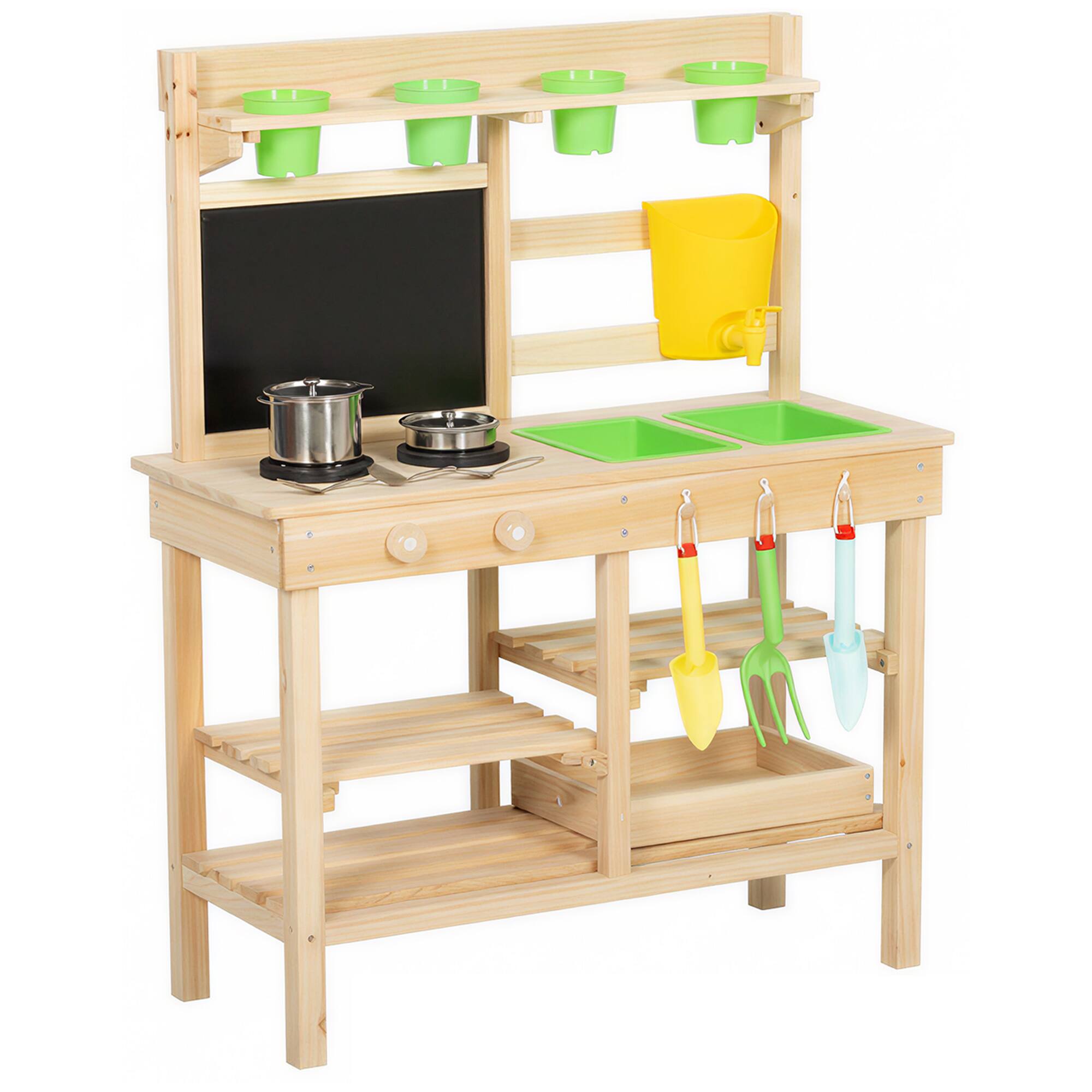 Front. Qaba - Mud Kitchen, Outdoor Wooden Play Kitchen with Kitchenware & Garden Tools - Natural Wood.
