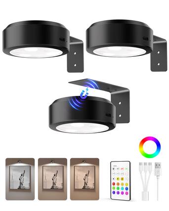 Front. EZVALO - Black LED Picture Light Wireless with Remote-RGB-3 Pack - Black.