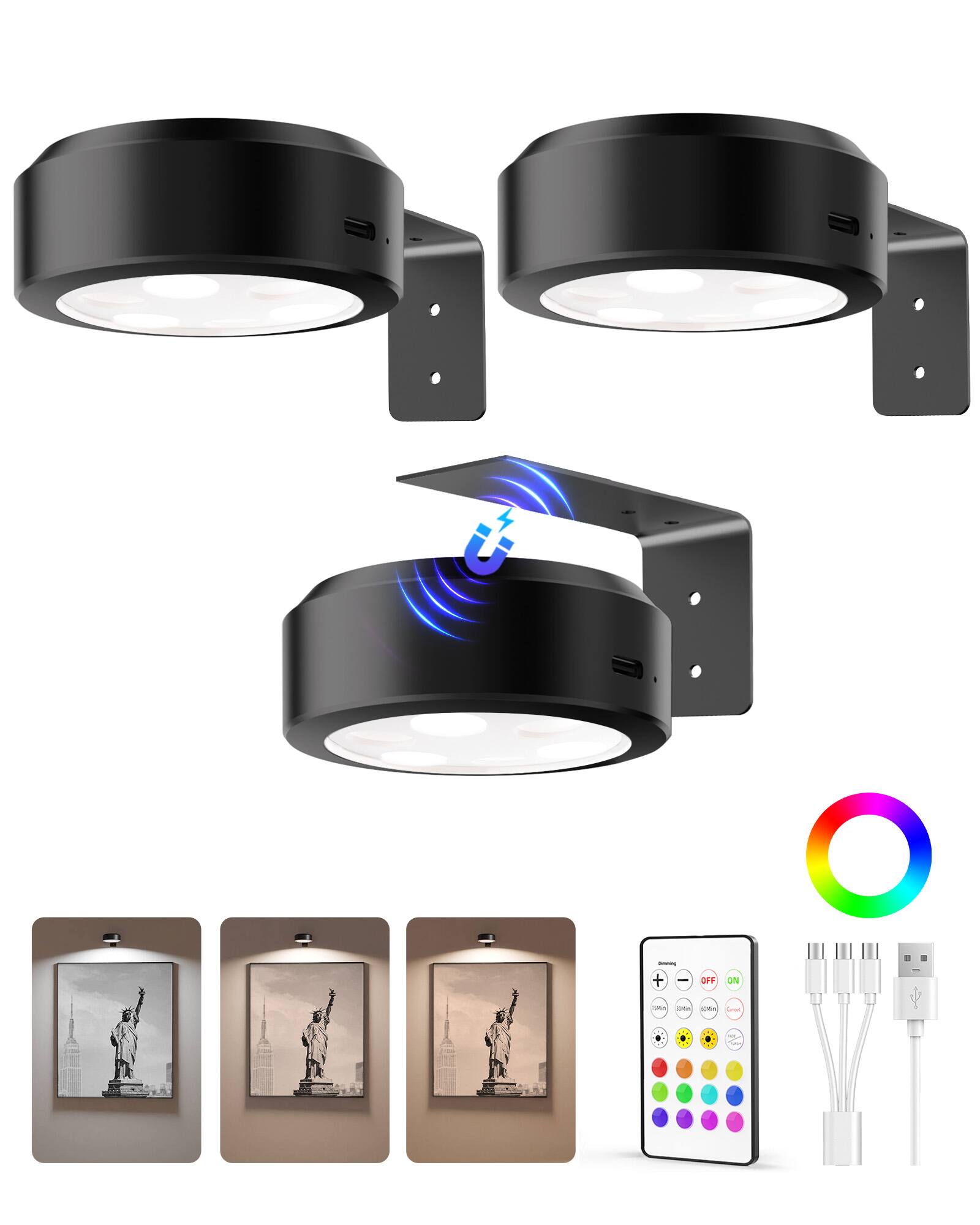 Front. EZVALO - Black LED Picture Light Wireless with Remote-RGB-3 Pack - Black.
