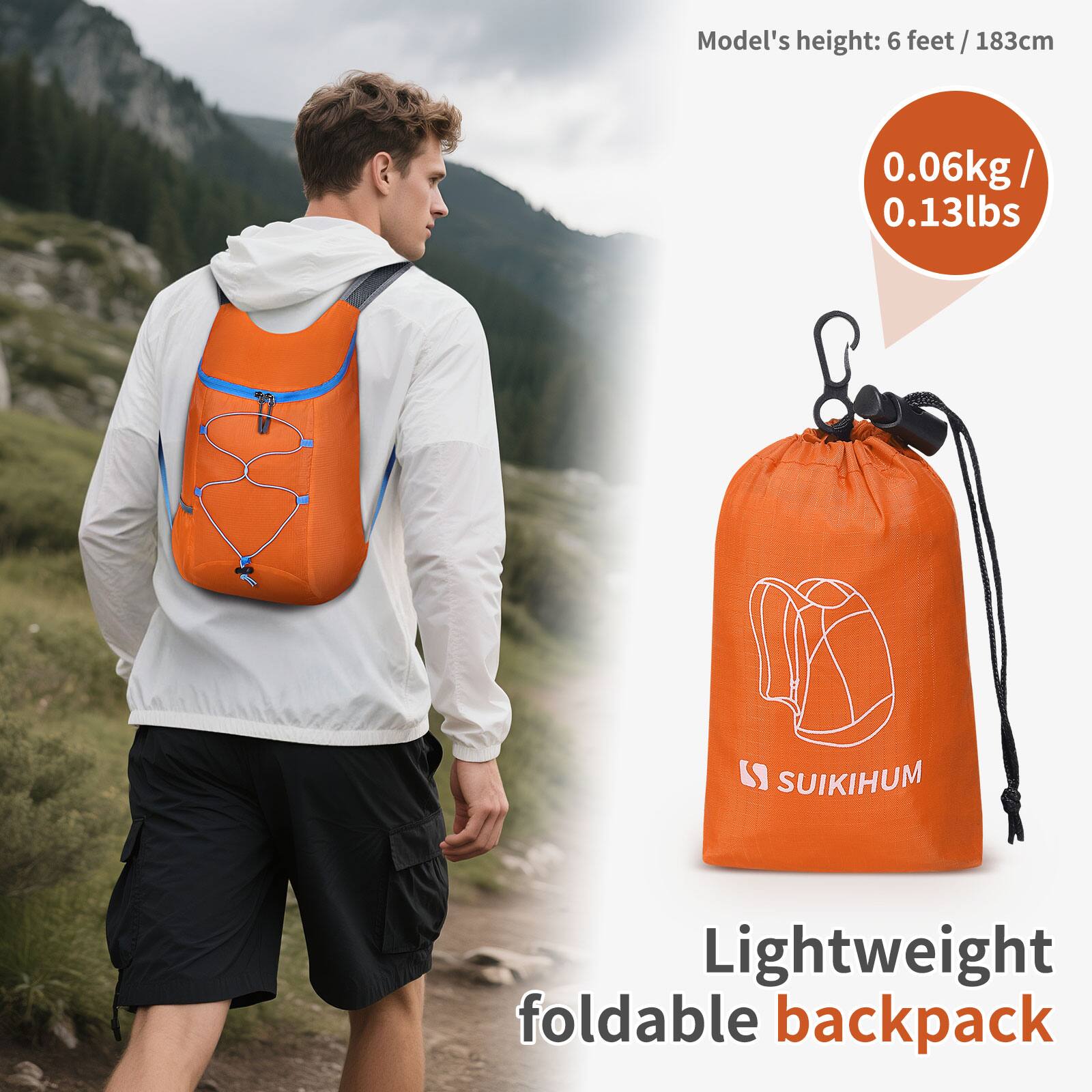 Model's height: 6 feet / 183cm

0.06kg / 0.13lbs

Lightweight foldable backpack

SUIKIHUM