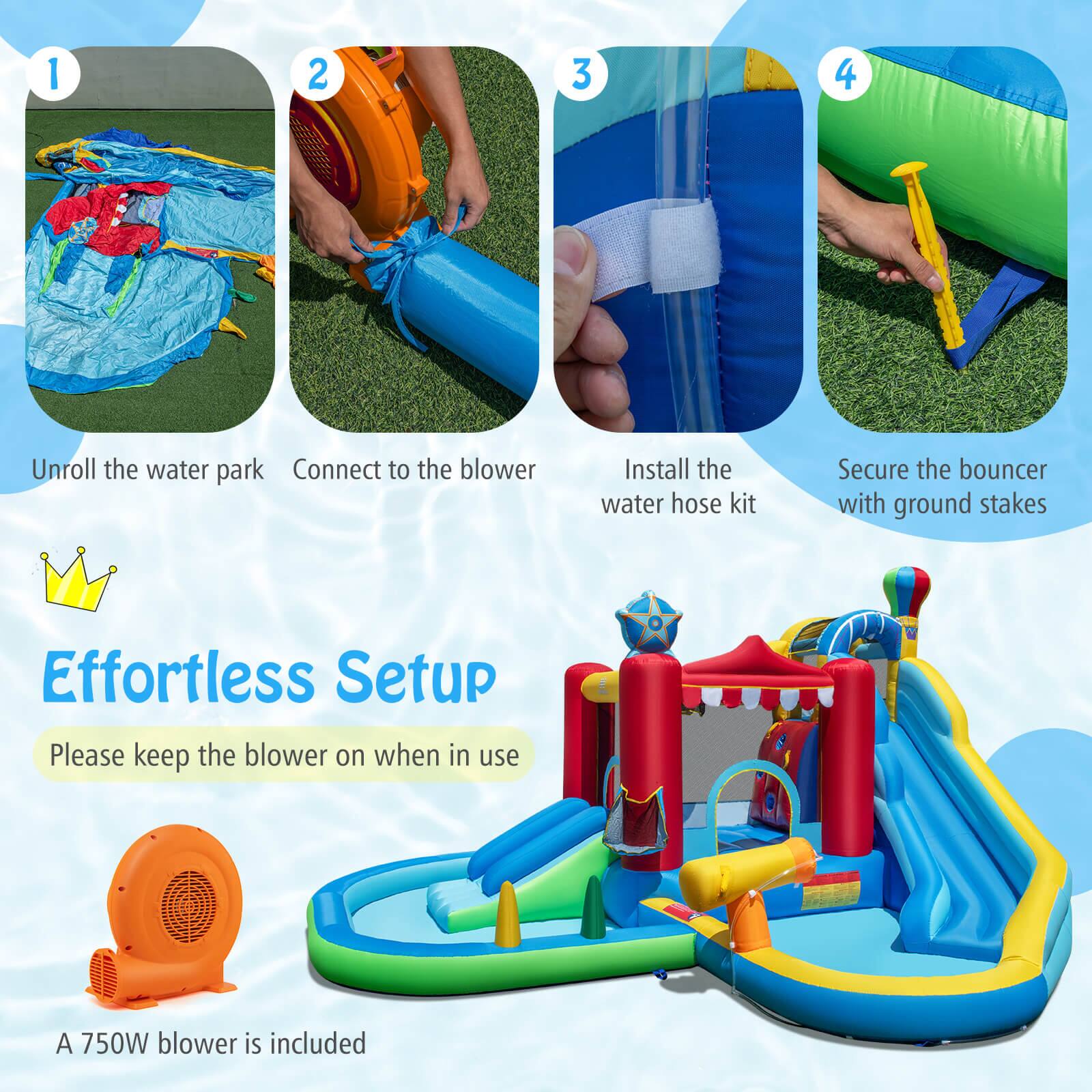 1. Unroll the water park  
2. Connect to the blower  
3. Install the water hose kit  
4. Secure the bouncer with ground stakes  

Effortless Setup  
Please keep the blower on when in use  

A 750W blower is included