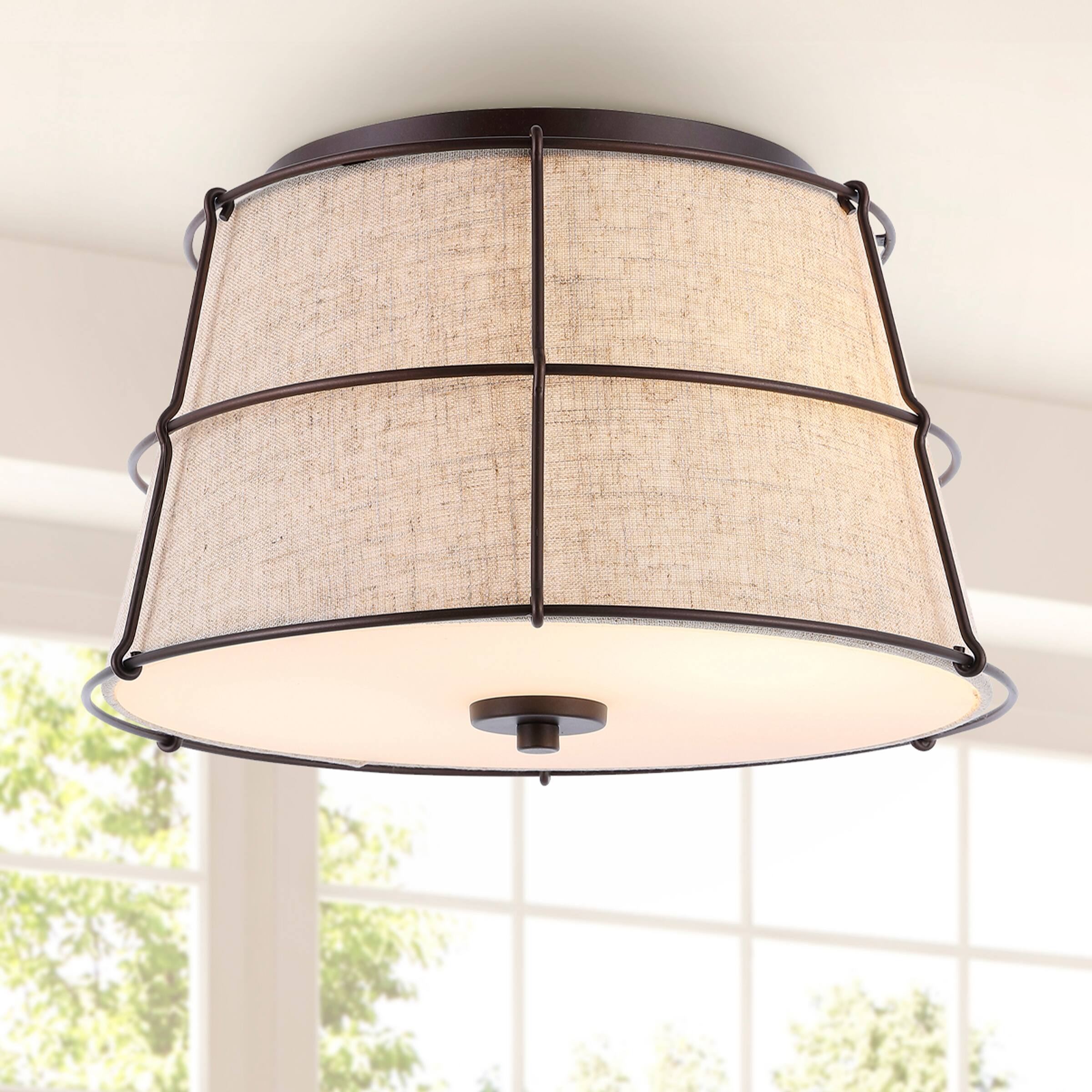 Alt View 1. Jonathan Y - Silas 14" 2-Light Rustic Farmhouse Iron LED Flush Mount, Oil Rubbed Bronze - Light Brown/Oil Rubbed Bronze.