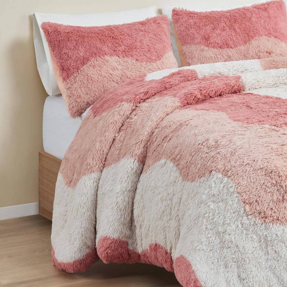 Left. Hivvago - Twin/Twin XL Pink Blush White Reversible Soft Sherpa Faux Fur 2-PC Comforter Set - Pink Blush , White.