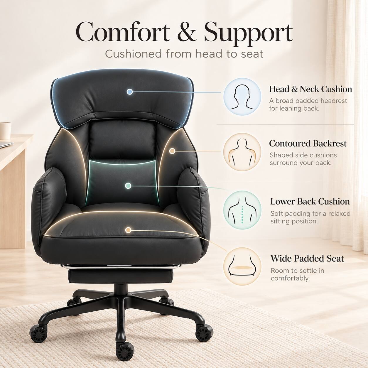 Comfort & Support  
Cushioned from head to seat

Head & Neck Cushion  
A broad padded headrest for leaning back.

Contoured Backrest  
Shaped side cushions surround your back.

Lower Back Cushion  
Soft padding for a relaxed sitting position.

Wide Padded Seat  
Room to settle in comfortably.