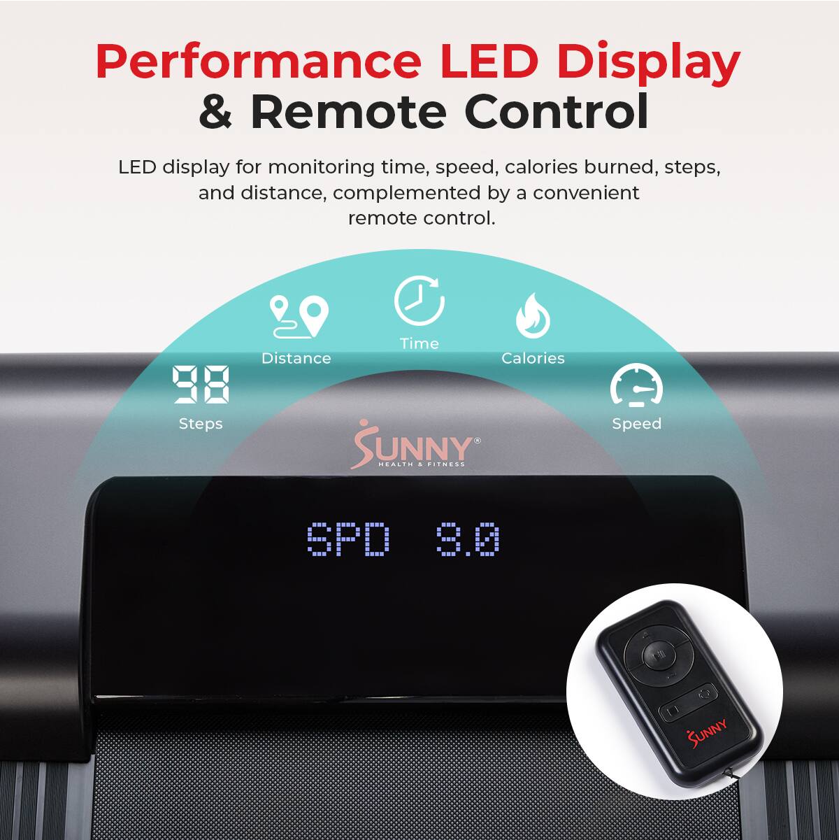 Performance LED Display & Remote Control
LED display for monitoring time, speed, calories burned, steps, and distance, complemented by a convenient remote control.
Time Distance Calories Steps
Speed SPD 8.0
SUNNY