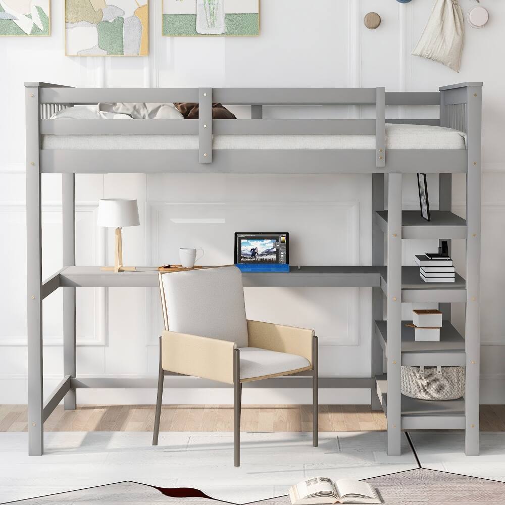 Angle. Loheer - Loheer Twin Loft Bed with Desk and Storage Shelves, Solid Pine Wood Space-Saving Bed Frame, Gray - Gray.