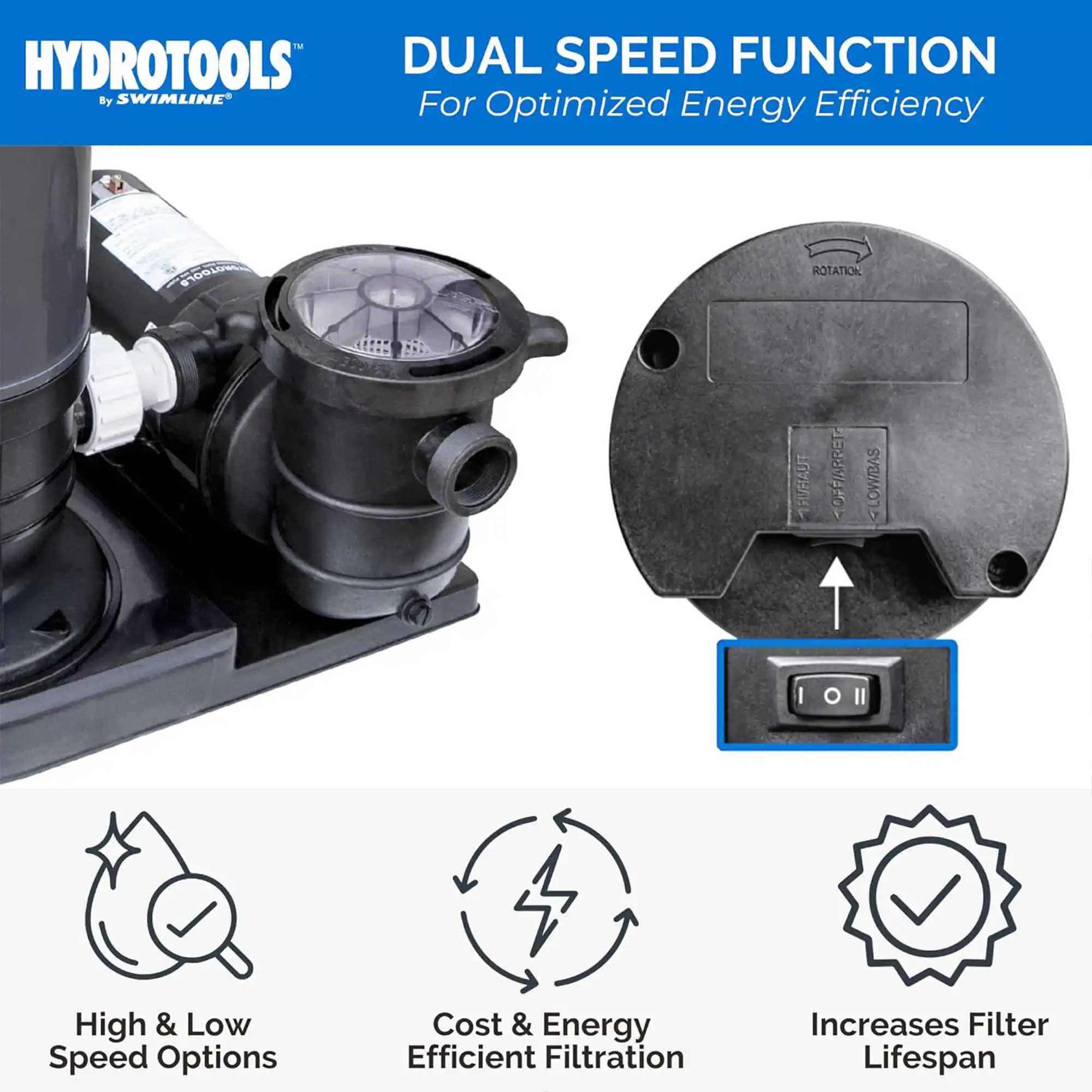 HYDROTOOLS  
by SWIMLINE  

DUAL SPEED FUNCTION  
For Optimized Energy Efficiency  

- High & Low Speed Options  
- Cost & Energy Efficient Filtration  
- Increases Filter Lifespan  

#10010E  
ROTATION SHAUT OFF/ARRETA  
LOW/BAS  
IOI