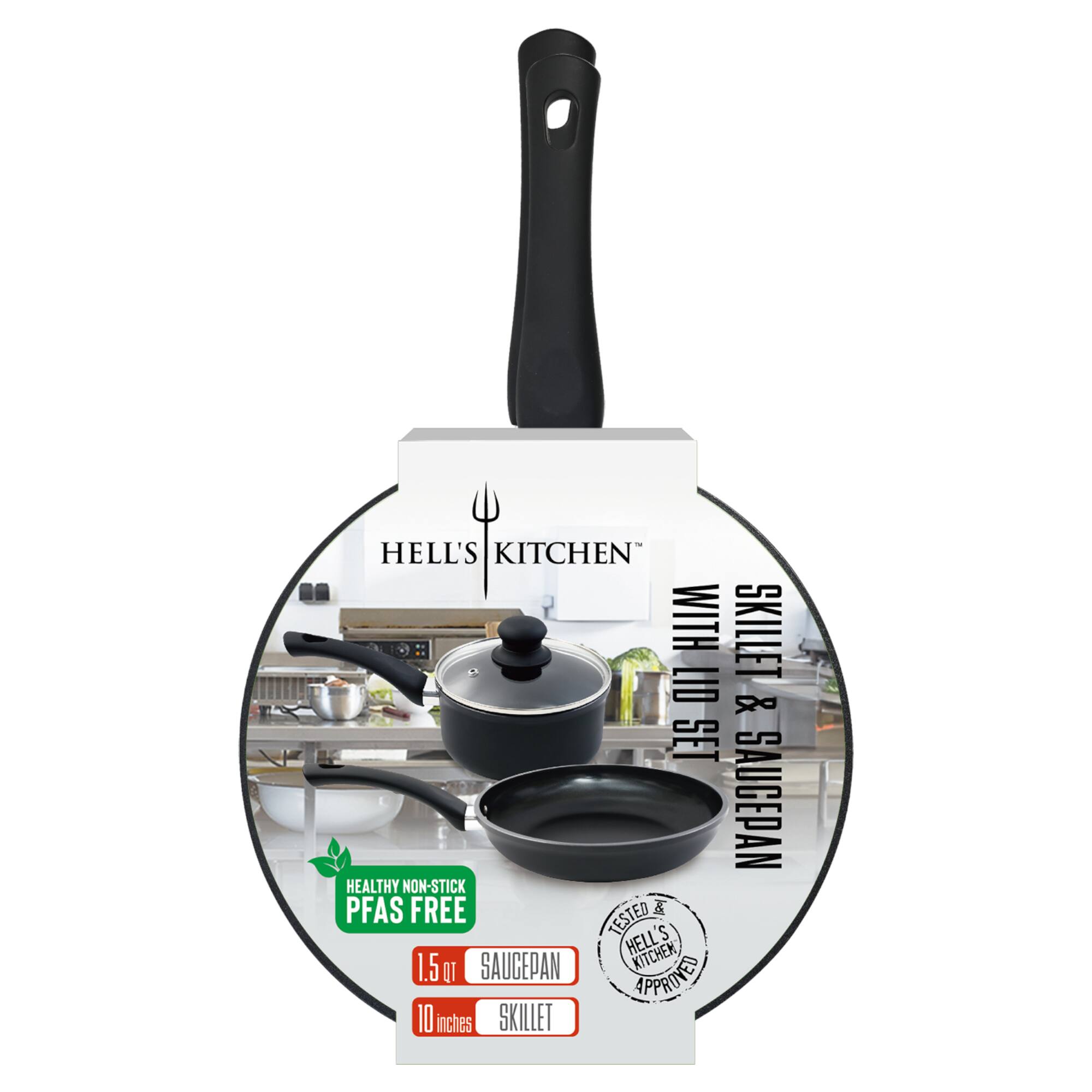 HELL'S KITCHEN WITH SKILLET LID & SET SAUCEPAN HEALTHY NON-STICK PFAS FREE K TESTED S HELL KITCHEN 1.5 QT SAUCEPAN APPROVED 10 inches SKILLET