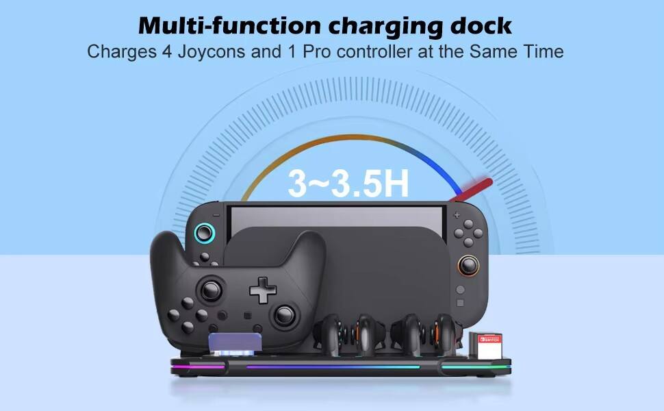 Multi-function charging dock  
Charges 4 Joycons and 1 Pro controller at the Same Time  
3~3.5H